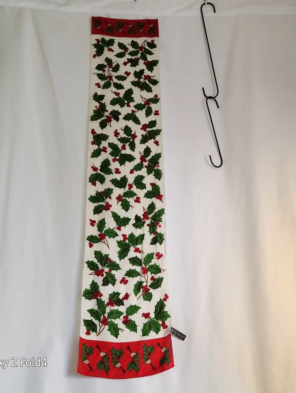 Echo Cream Scarf with Green Holly and Red Berry Print SILK